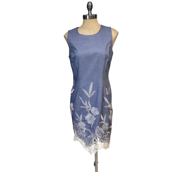 Tahari Blue Sleeveless Floral Embroidered Sheath Dress With Lace Hem NWT Size 8 - Picture 1 of 5